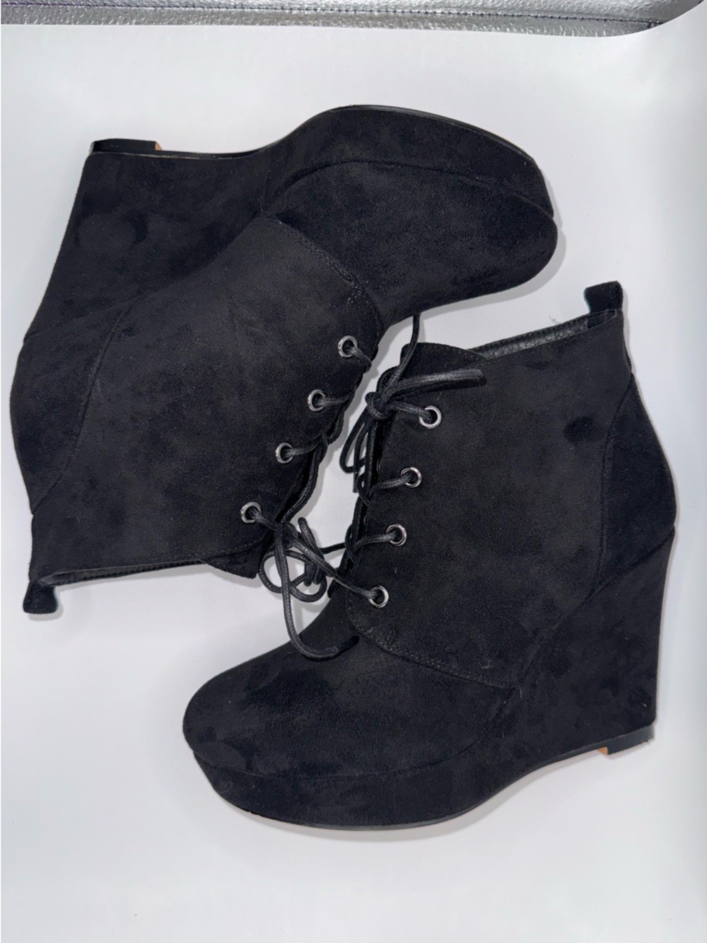 Black Lace-Up Wedge Booties Size 7 🔥 Sky High Hidden Heel Edgy Chic worn once